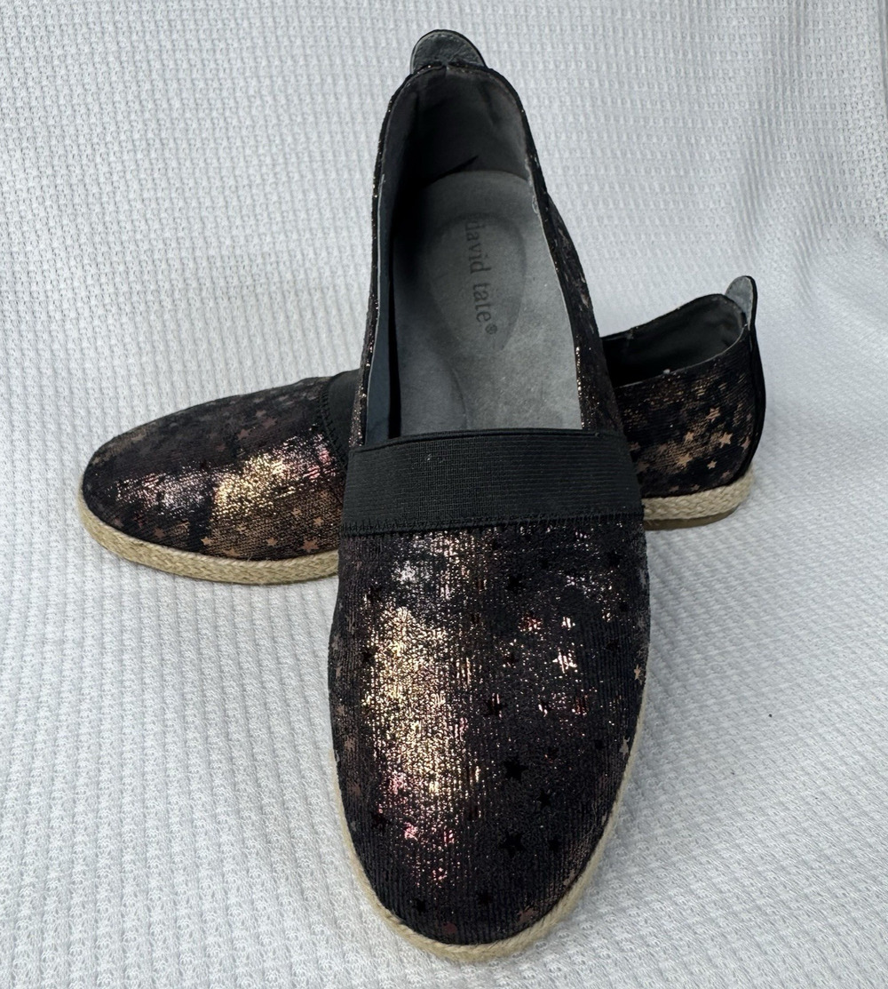 David Tate Grin Espadrille Flats 7.5M Black Metallic Star Slip On Shoes